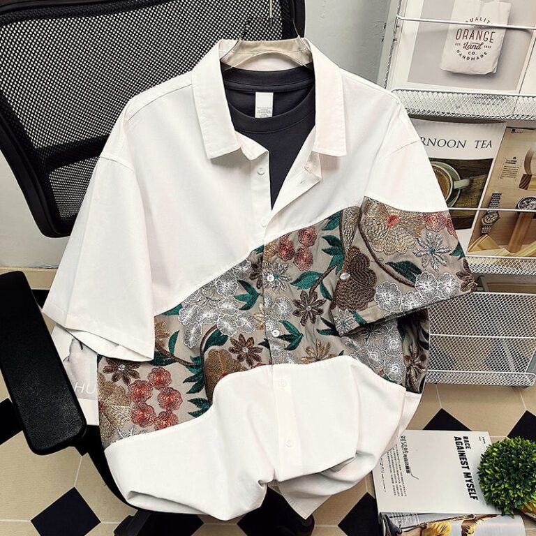 Summer Embroidered Shirts Men Fashion Casual Flower Shirts Mens Japanese Streetwear Loose Short Sleeve Shirts Men