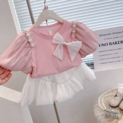 Summer Girls Clothing Sets Bow Streamer Pearl Stitching Short Sleeved Tutu Skirt Fashion Baby Kids Outfit 1