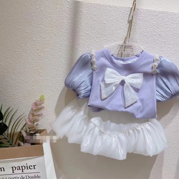Summer Girls Clothing Sets Bow Streamer Pearl Stitching Short Sleeved Tutu Skirt Fashion Baby Kids Outfit 2