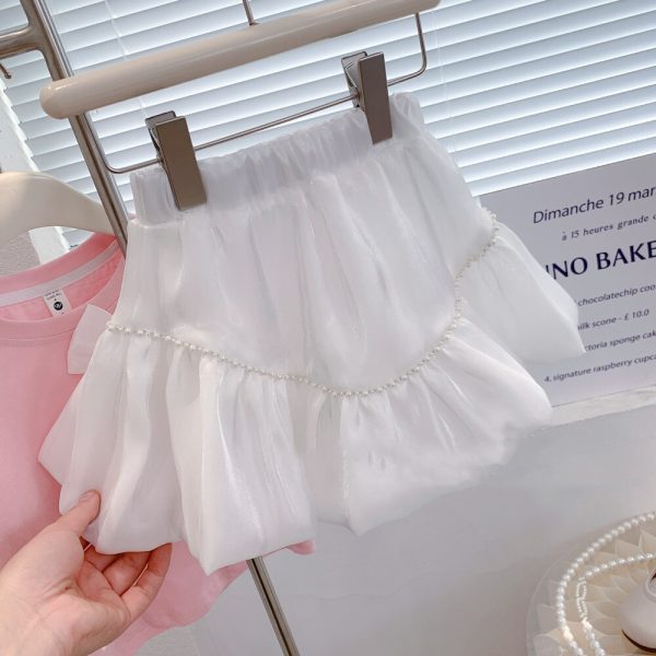 Summer Girls Clothing Sets Bow Streamer Pearl Stitching Short Sleeved Tutu Skirt Fashion Baby Kids Outfit 4