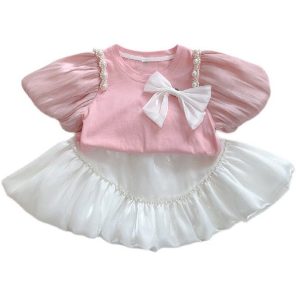 Summer Girls Clothing Sets Bow Streamer Pearl Stitching Short Sleeved Tutu Skirt Fashion Baby Kids Outfit 5