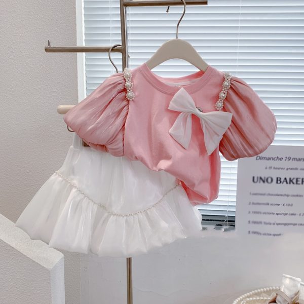 Summer Girls Clothing Sets Bow Streamer Pearl Stitching Short Sleeved Tutu Skirt Fashion Baby Kids Outfit