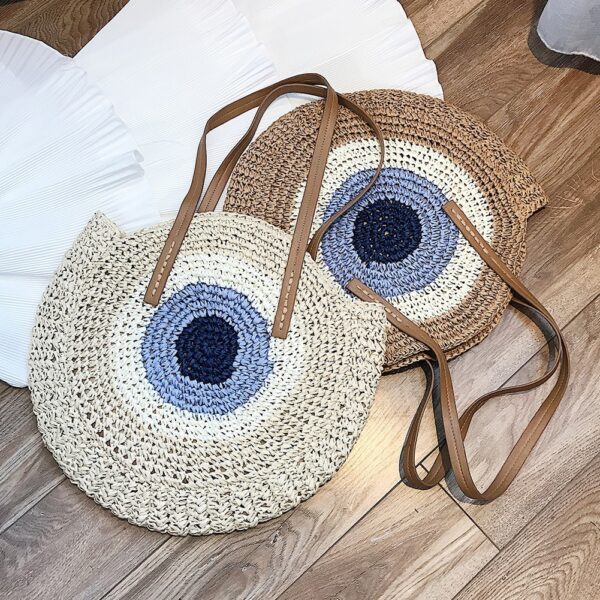 Summer Leisure Round Straw Rope Bag Color Splicing Handmade Rattan Woven Beach Female Shoulder Crossbody Pouch 1