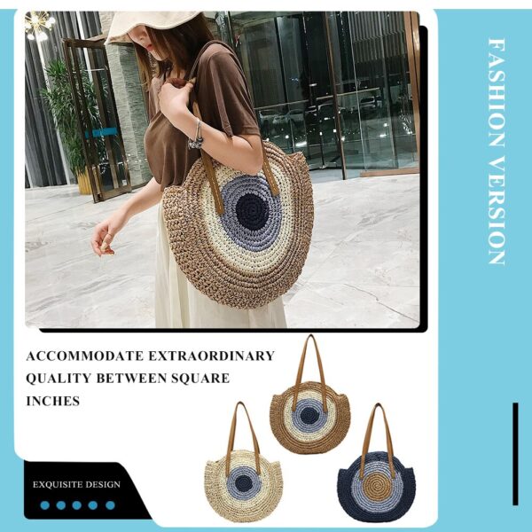 Summer Leisure Round Straw Rope Bag Color Splicing Handmade Rattan Woven Beach Female Shoulder Crossbody Pouch 4