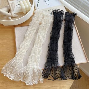 Summer Long Cute Dot Lace Mesh Fingerless Gloves Sun Protection Arm Sleeve Sunscreen Thin Cycling Black