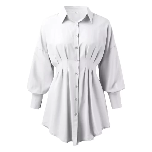 Summer Pleated Shirt Dress Fashion A Line Single Breasted Casual Dress Turn Down Collar High Waist 4