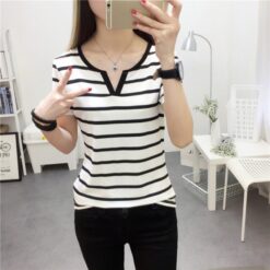 Summer Polyester Women s T Shirt V Neck Short Sleeve Pullover Striped White Black Loose Korean 1.jpg 640x640 1