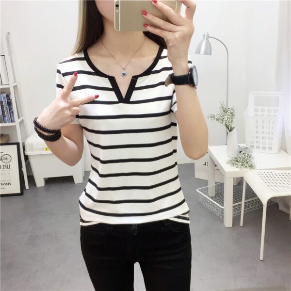 Summer Polyester Women s T Shirt V Neck Short Sleeve Pullover Striped White Black Loose Korean 2