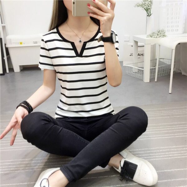 Summer Polyester Women s T Shirt V Neck Short Sleeve Pullover Striped White Black Loose Korean 3