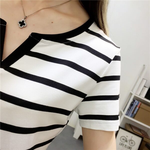 Summer Polyester Women s T Shirt V Neck Short Sleeve Pullover Striped White Black Loose Korean 4