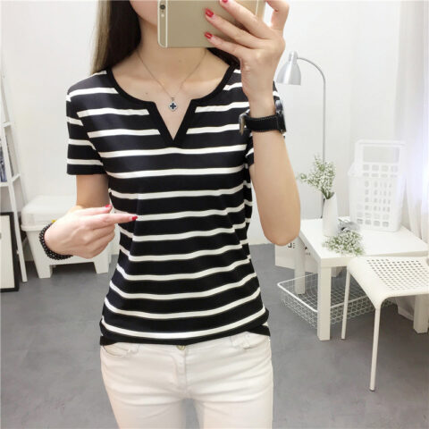 Summer Polyester Women s T Shirt V Neck Short Sleeve Pullover Striped White Black Loose Korean