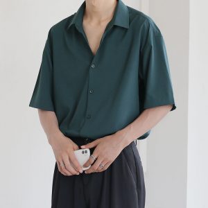 Summer Short Sleeve Shirts Men Thin Luxury Loose Half sleeved Korean Casual All match Dark Green 1