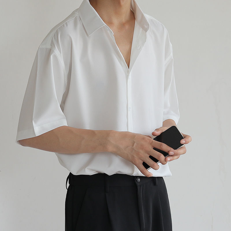 Summer Short Sleeve Shirts Men Thin Luxury Loose Half sleeved Korean Casual All match Dark Green 3