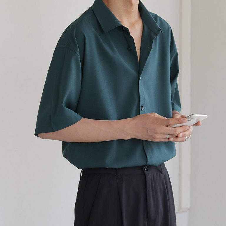 Summer Short Sleeve Shirts Men Thin Luxury Loose Half sleeved Korean Casual All match Dark Green
