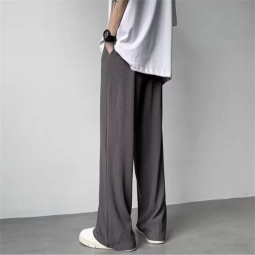 Summer Texture Straight Pants For Men Korean Fashion Baggy Wide leg Trousers Casual Drape Pleated Striped 2