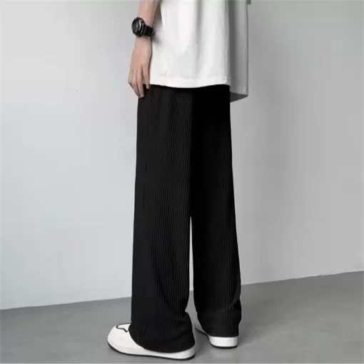 Summer Texture Straight Pants For Men Korean Fashion Baggy Wide leg Trousers Casual Drape Pleated Striped 4