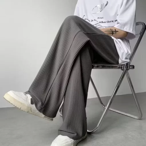 Summer Texture Straight Pants For Men Korean Fashion Baggy Wide leg Trousers Casual Drape Pleated Striped