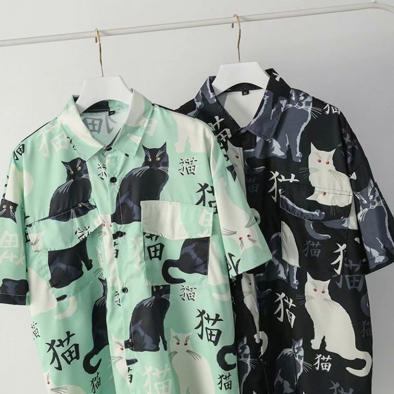 Summer high quality Mens Hawaiian Shirt 3D animal black cat Printed Short lapel Sleeve Big Size 5