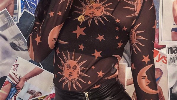 Sun Moon Printed Transparent Mesh Sexy T Shirt Women O Neck Long Sleeve Slim Basic Casual