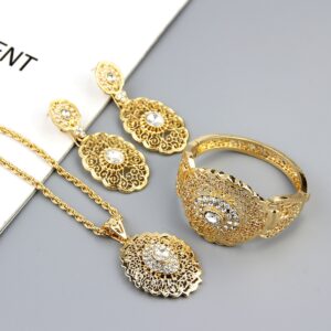 Sunspicems Chic Morocco Wedding Jewelry Set Gold Color Drop Earring Cuff Bracelet Bangle Pendant Necklace Arab 2
