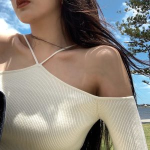 Sweater Mujer Sexy Off Shoulder Slim Knitted Sweaters Long Sleeve Pull Femme Autumn Vintage Chandails