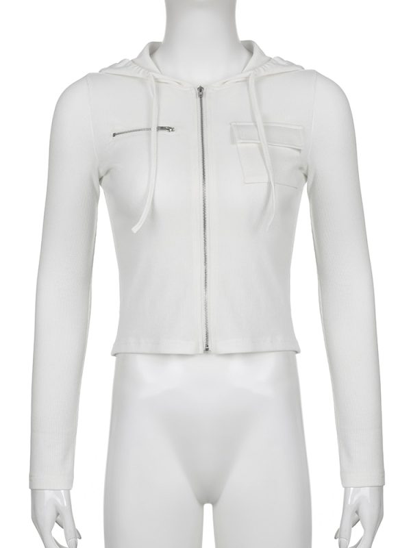 Sweetown White Zip Up Hooded Jackets Women Solid Ribbed Basic Long Sleeve Autumn Tops Chic Pockets