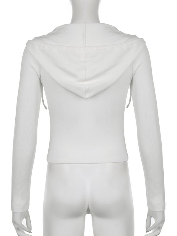 Sweetown White Zip Up Hooded Jackets Women Solid Ribbed Basic Long Sleeve Autumn Tops Chic Pockets