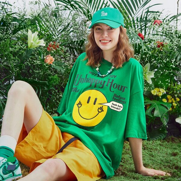 T Shirts 2022 New Classic Smiley Texture Print For Women Loose High Street T Shirt Pullover 2