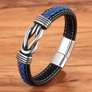 TYO Geometric Stainless Steel Men s Leather Bracelet Hand woven Magnetic Clasp Black Blue Leather Bangle