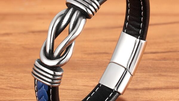 TYO Geometric Stainless Steel Men s Leather Bracelet Hand woven Magnetic Clasp Black Blue Leather Bangle