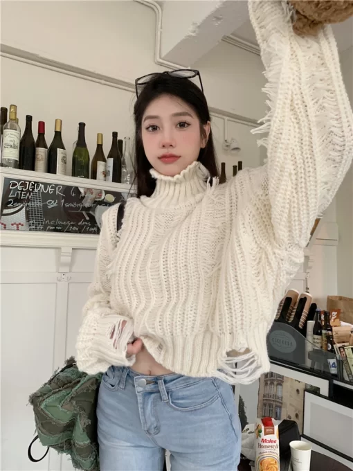 Tassel Hole Knitted Sweater Women Autumn and Winter 2024 New Koraen Chic Loose Tops Turtleneck Fashion 2