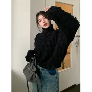 Tassel Hole Knitted Sweater Women Autumn and Winter 2024 New Koraen Chic Loose Tops Turtleneck Fashion