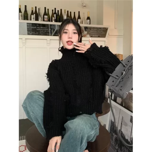 Tassel Hole Knitted Sweater Women Autumn and Winter 2024 New Koraen Chic Loose Tops Turtleneck Fashion 4