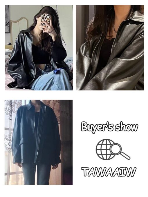 Tawaaiw Streetwear Black PU Leather Coats And Jackets Women Pocket Long Sleeve Y2K Gothic Autumn Spring 5