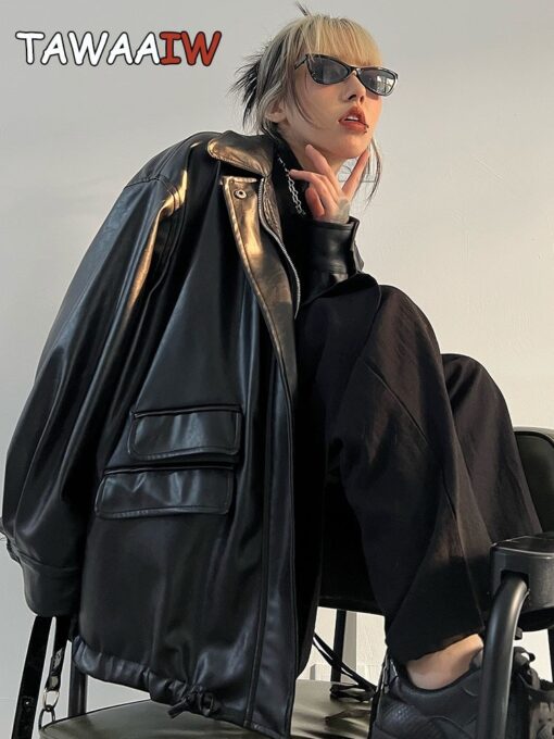 Tawaaiw Streetwear Black PU Leather Coats And Jackets Women Pocket Long Sleeve Y2K Gothic Autumn Spring