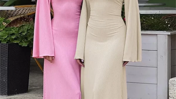 Tossy Scoop Neck Lace Up Ribbed Maxi Dress Female Long Sleeve Fashion Slim Loose Bandage Dress