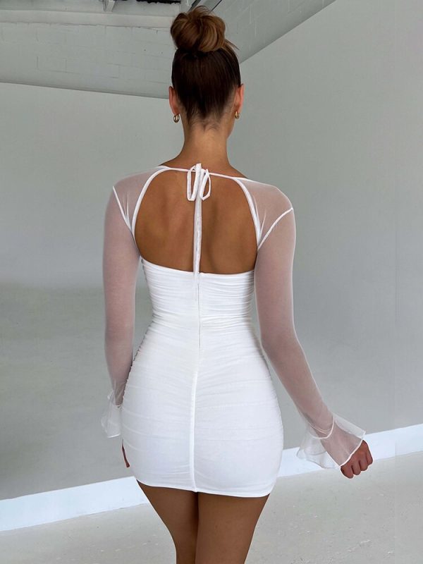 Townlike Mesh Slim Bodycon Pleated Bandage Dress Women Mini Nightclub Sexy Party Dress Long Sleeve 2022 4