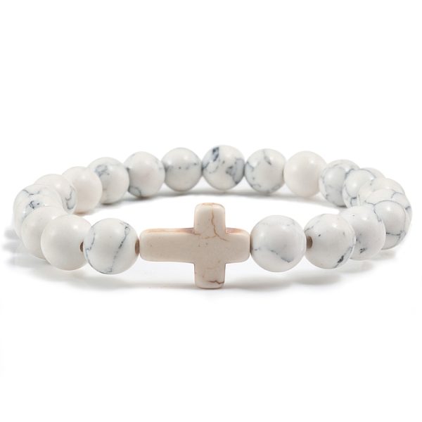 Trendy Jesus Cross Charm Blue Beaded Men Bracelets Black Lava Stone 8mm White Beads Bracelets Bangles 3