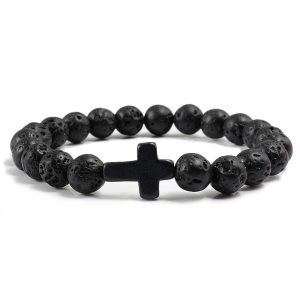Trendy Jesus Cross Charm Blue Beaded Men Bracelets Black Lava Stone 8mm White Beads Bracelets Bangles