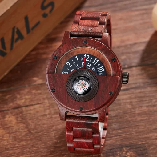 Turntable Compass Creative Wood Watch Men Dial Real Walnut Ebony Bamboo Wooden Watches Man Male Brown 4