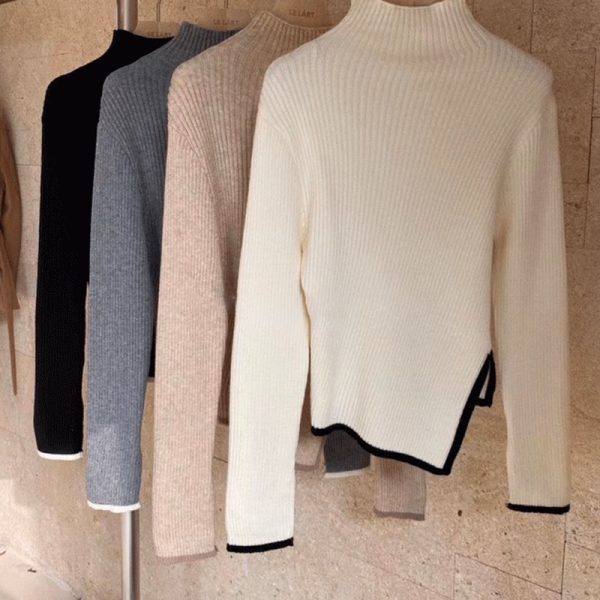 Turtleneck Women Sweater Autumn Winter New Side Slit Pullover Tops Korean Fashion Knit Sweaters Long