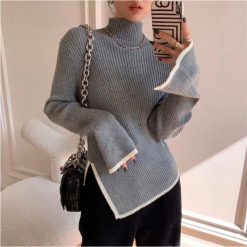 Turtleneck Women Sweater Autumn Winter New Side Slit Pullover Tops Korean Fashion Knit Sweaters Long jpg x