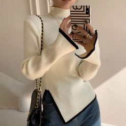Turtleneck Women Sweater Autumn Winter New Side Slit Pullover Tops Korean Fashion Knit Sweaters Long jpg x
