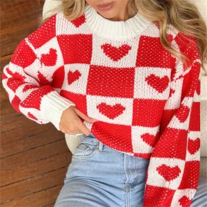 Valentine s Day Sweet Checker Heart Print Sweaters Long Sleeve Round Neck Casual Loose Pullovers Knittd 1