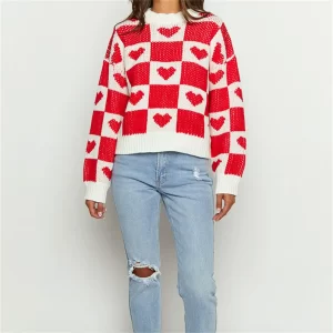 Valentine s Day Sweet Checker Heart Print Sweaters Long Sleeve Round Neck Casual Loose Pullovers Knittd 2
