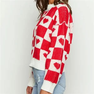 Valentine s Day Sweet Checker Heart Print Sweaters Long Sleeve Round Neck Casual Loose Pullovers Knittd 3