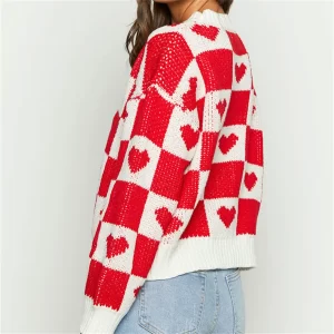 Valentine s Day Sweet Checker Heart Print Sweaters Long Sleeve Round Neck Casual Loose Pullovers Knittd 4