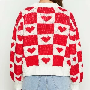 Valentine s Day Sweet Checker Heart Print Sweaters Long Sleeve Round Neck Casual Loose Pullovers Knittd 5