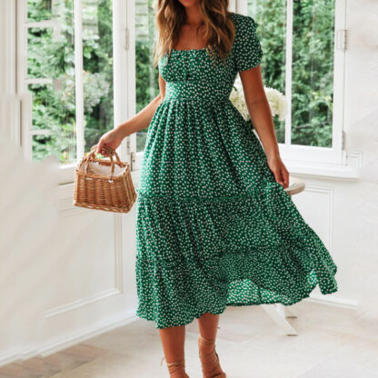 Vestidos Vintage Vintage Print Puff Sleeve summer Beach sweet dresses Casual Square collar floral maxi long