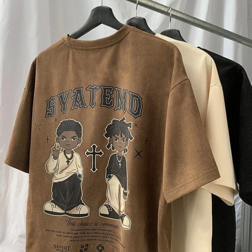 Vintage Brown T Shirt Gothic Graphic Print Casual Oversized Men s Streetwear Top Y2k Clothes Harajuku